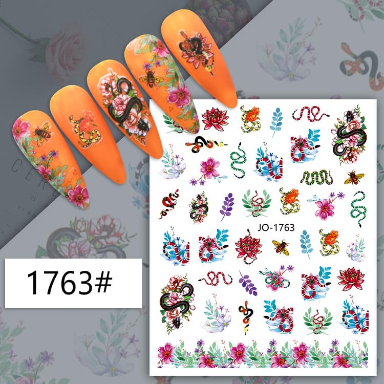 Snakes and Floral Nail Stickers for Fingernail Art - Snakes Coil Snake Flowers Gothic Goth Inspired