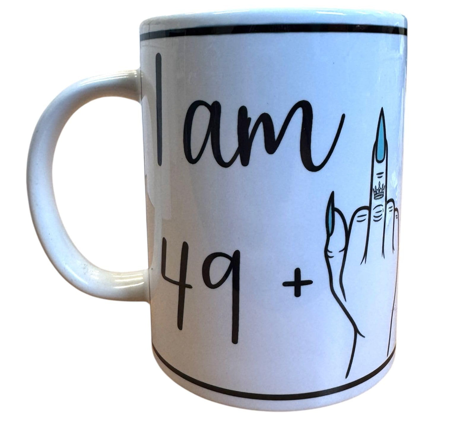 Handmade 15oz White Ceramic Mug – Funny “I AM 49 + Middle Finger = 50” with Turquoise Nails – Includes Matching Coaster & Keychain – Gag Birthday Gift for Women