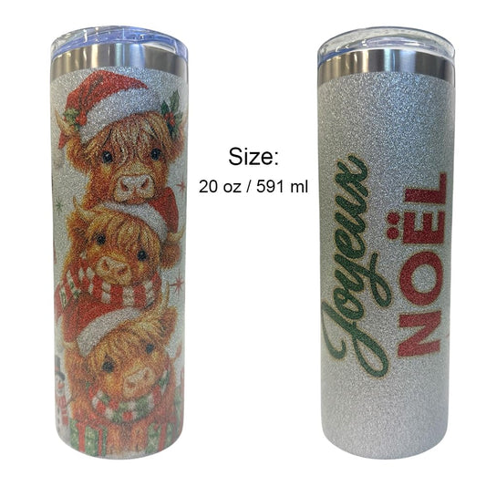 Festive Highland Cow Christmas Glitter Tumbler – 20oz Stainless Steel Cup with Metal Straw | Silver Sparkle Finish, Double-Sided Holiday Design | Gobelet Brillant de Noël 20oz