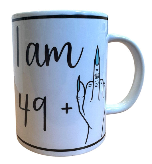 Handmade 15oz White Ceramic Mug – Funny “I AM 49 + Middle Finger = 50” with Turquoise Nails – Includes Matching Coaster & Keychain – Gag Birthday Gift for Women