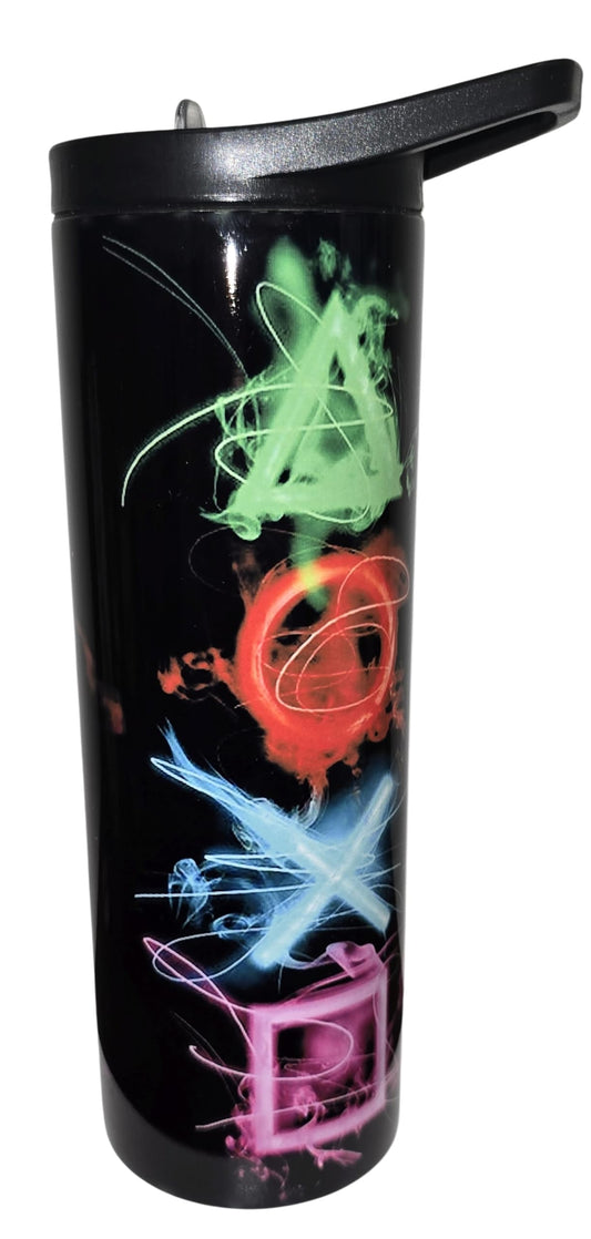 20oz Isothermic Gaming Tumbler with Straw – Neon Controller Icon Art, Fire & Ice Colors, Gamer Gift Handmade Sublimation/Gobelet Isothermique 20oz Jeu Vidéo Néon Artisan