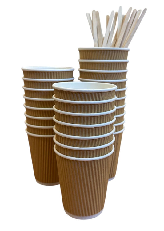 8 oz Kraft Ripple Coffee Cups - Coffee Creamer & Sugar Bundle - 25 Each White & Raw Sugar Packets, Sweet & Low, Wood Stick, Coffee Mate Original Creamer- Individual Packets