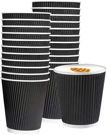 8 oz Black Ripple Coffee Cups and Lids - Coffee Creamer & Sugars Bundle - 25 each White Sugar packets, Raw Sugar packets, Sweet & Low, wood stick, Coffee Mate Original Creamer