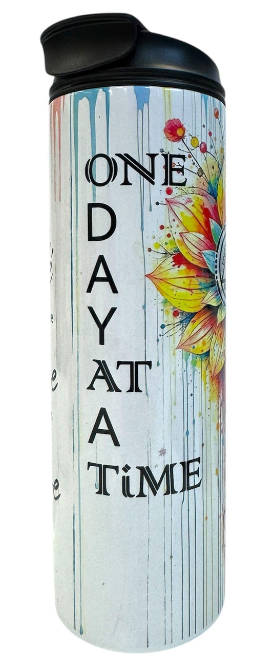 20oz Isothermic Tumbler with Double-Sip Lid – Colourful Flower, Religious AA Recovery & 'One Day at a Time' Design Handmade Sublimation/Gobelet Isothermique 20oz