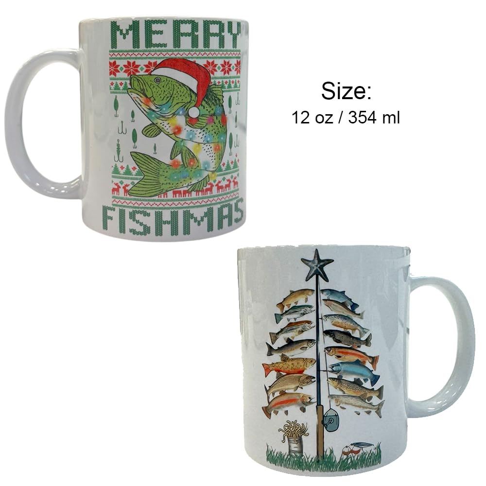 Merry Fishmas Ceramic Mug 12oz with Double-Sided Wooden Coaster | Funny Fishing Christmas Gift Set | Mug + Coaster Bundle – Tasse de Noël Pêcheur