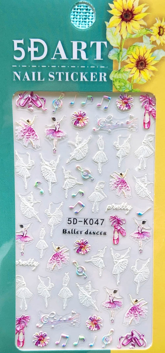 5D Pink and Purple Ballerina Inspired fingernail Art Along with White Ballerinas and Musical Notes - Music