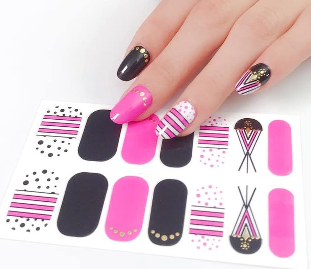 Black Pink and White Polka Dot Abstract Nail Wraps That Have A Tribal Feel to It with Gold Dots and Lots of Clean Lines