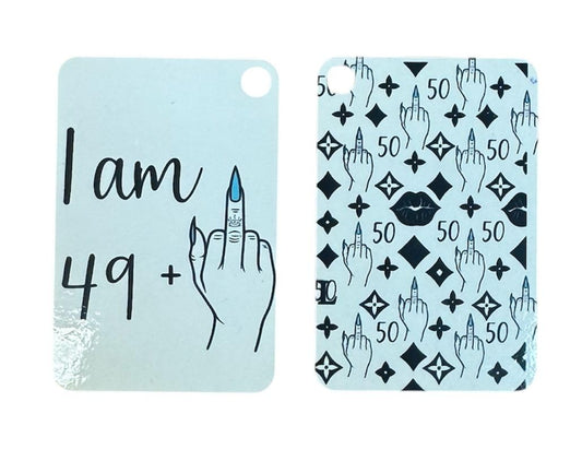 Handmade 15oz White Ceramic Mug – Funny “I AM 49 + Middle Finger = 50” with Turquoise Nails – Includes Matching Coaster & Keychain – Gag Birthday Gift for Women