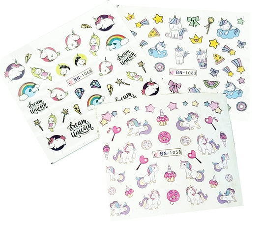 Lot of 3 sheet Unicorn Inspired Water Decals for Fingernail art nail Art Rainbow Ice Cream Hearts Cupcakes
