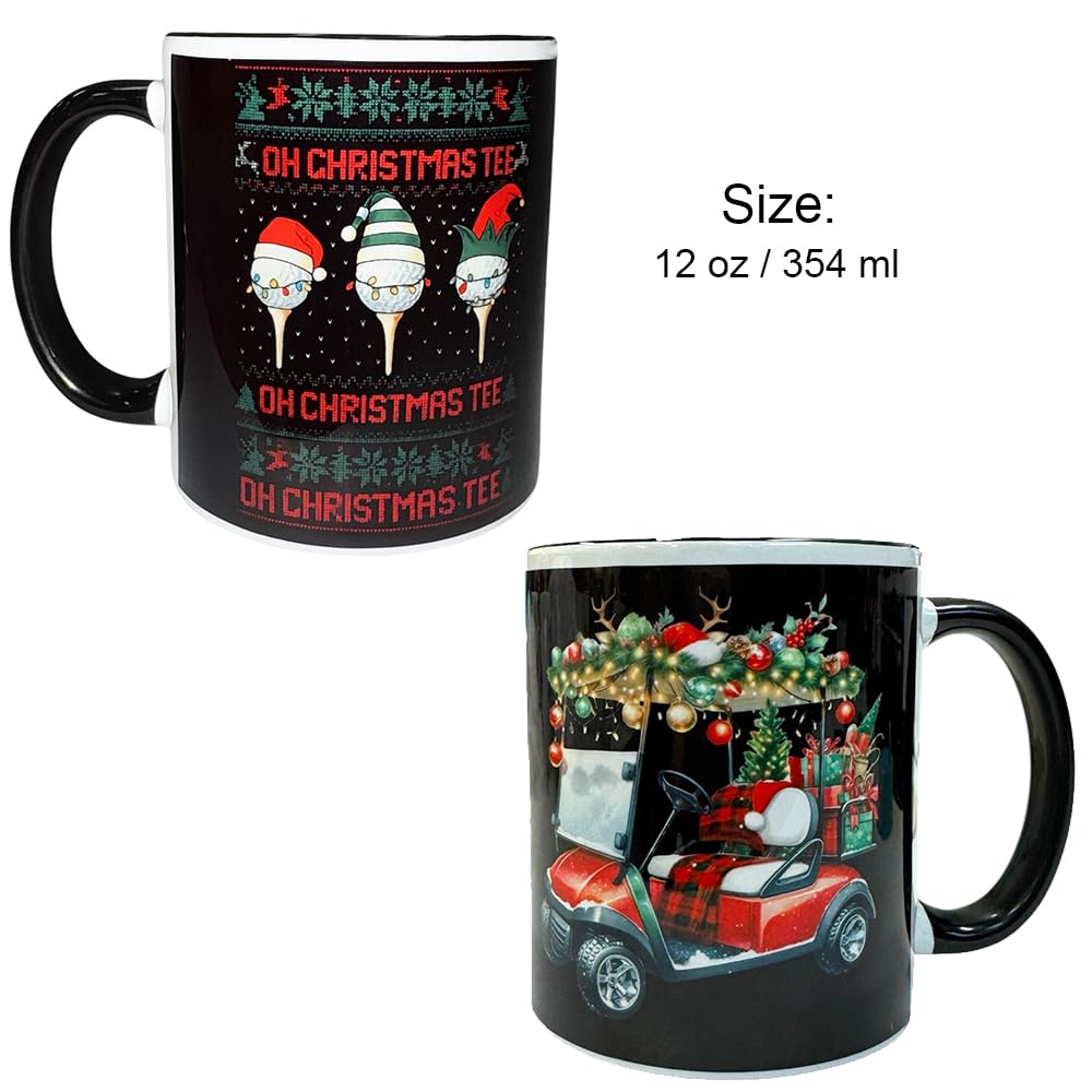 “OH Christmas TEE” Golf Mug with Double-Sided Wooden Coaster | Funny 12oz Ceramic Christmas Mug for Golf Lovers | Holiday Gift/Tasse de Noël Golf 12oz avec Dessous de Verre