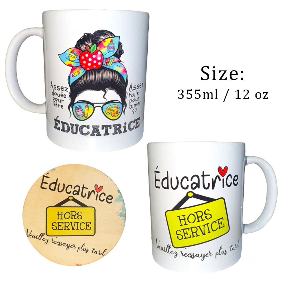 Tasse Éducatrice 12 oz - Hors Service avec Sous-Verre - 12 oz , 15 oz - Noir ou Blanc