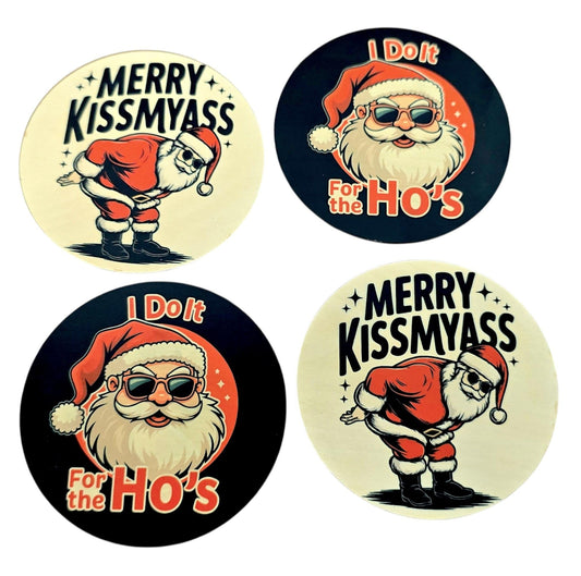 Humorous Christmas Wooden Coasters – 4-Pack Double-Sided Merry Kiss My Ass/I Do It for The Ho’s” Design | Sous-verres en Bois Noël (4 unités) - Cadeau drôle fait Main