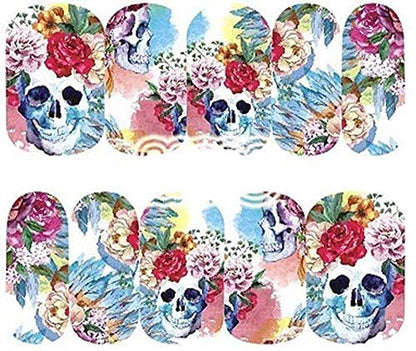 Sheet of Skull Stickers with Flowers Watercolor Phychedelic Effects Nail Decal Punk Gothic Rockabilly Skull Nail Wrap Decals Sticker Salon Quality Nail Art - Great for Halloween!