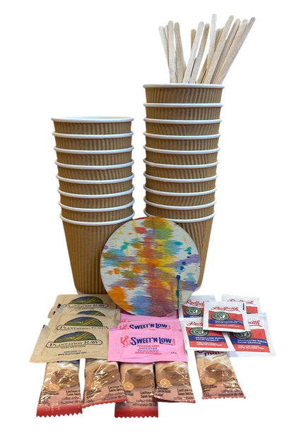 8 oz Kraft Ripple Coffee Cups - Coffee Creamer & Sugar Bundle - 25 Each White & Raw Sugar Packets, Sweet & Low, Wood Stick, Coffee Mate Original Creamer- Individual Packets