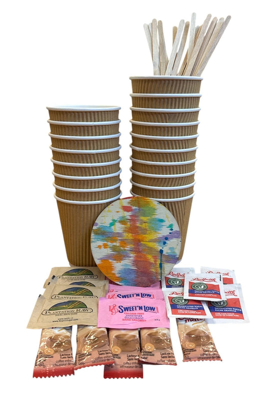 8 oz Kraft Ripple Coffee Cups - Coffee Creamer & Sugar Bundle - 25 Each White & Raw Sugar Packets, Sweet & Low, Wood Stick, Coffee Mate Original Creamer- Individual Packets
