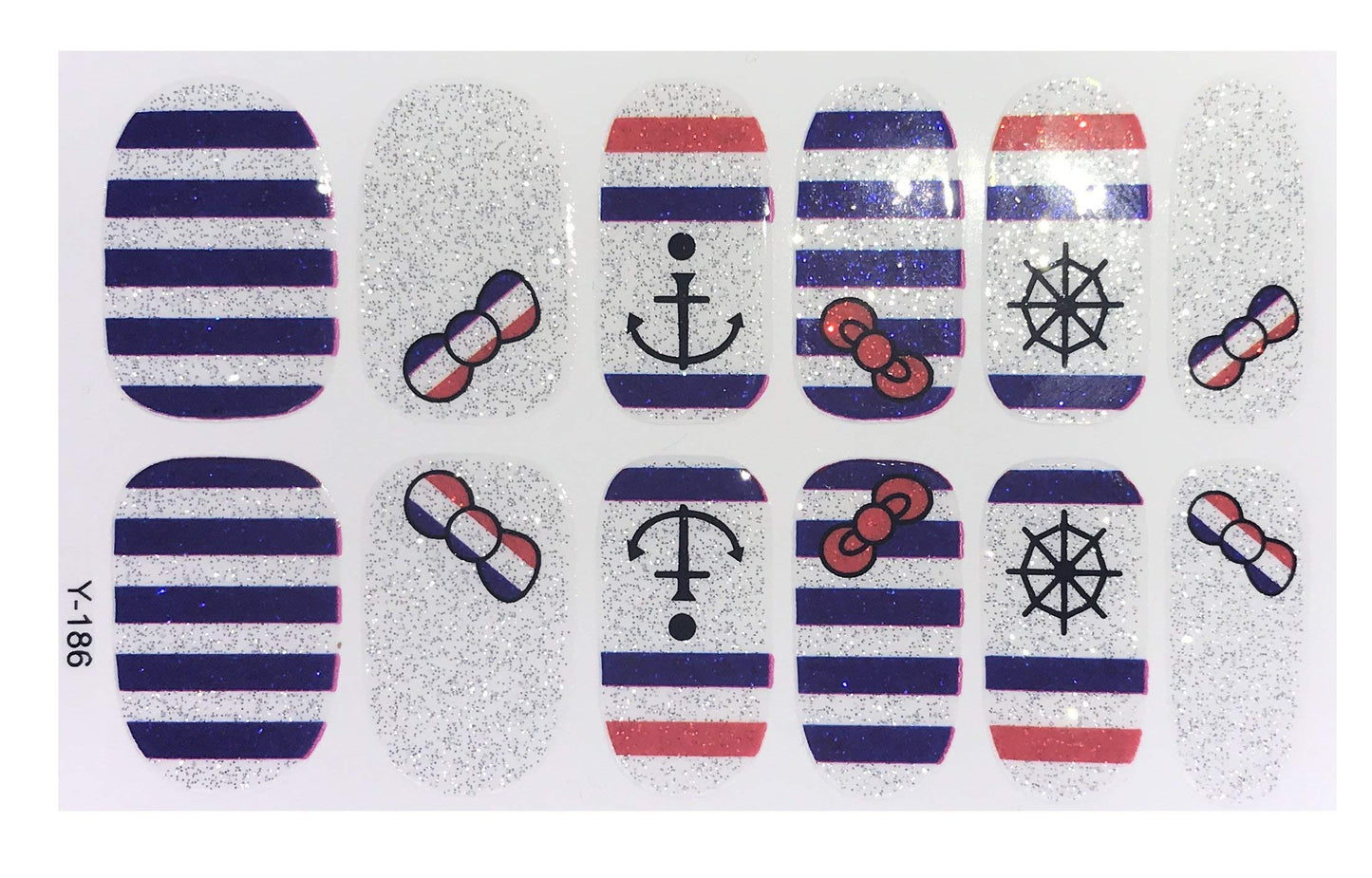 Full Set of 12 Glitter Stripes 4th of July Marine Navy Kitty Inspired Bow Nail Wraps Decals Sticker -Kawaii American Pride Sticker