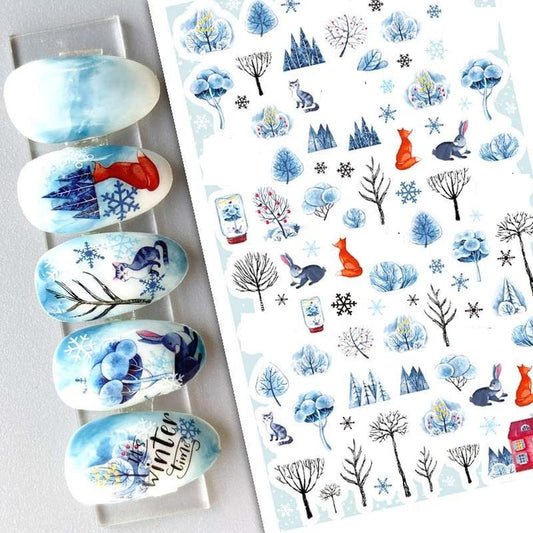 Blue Winter Wonderland with Many Trees Snowflakes Fox and Funny What a Cute Little House - Nature - Christmas