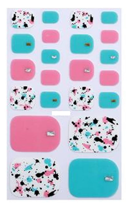 White Turquoise and Pink Paint Splatter Toe Nail Art Wraps with Rhinestones