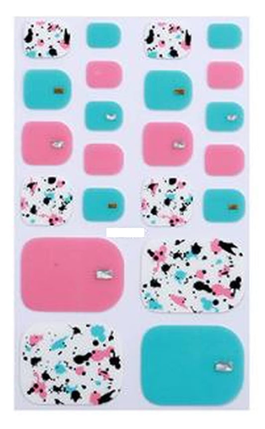 White Turquoise and Pink Paint Splatter Toe Nail Art Wraps with Rhinestones
