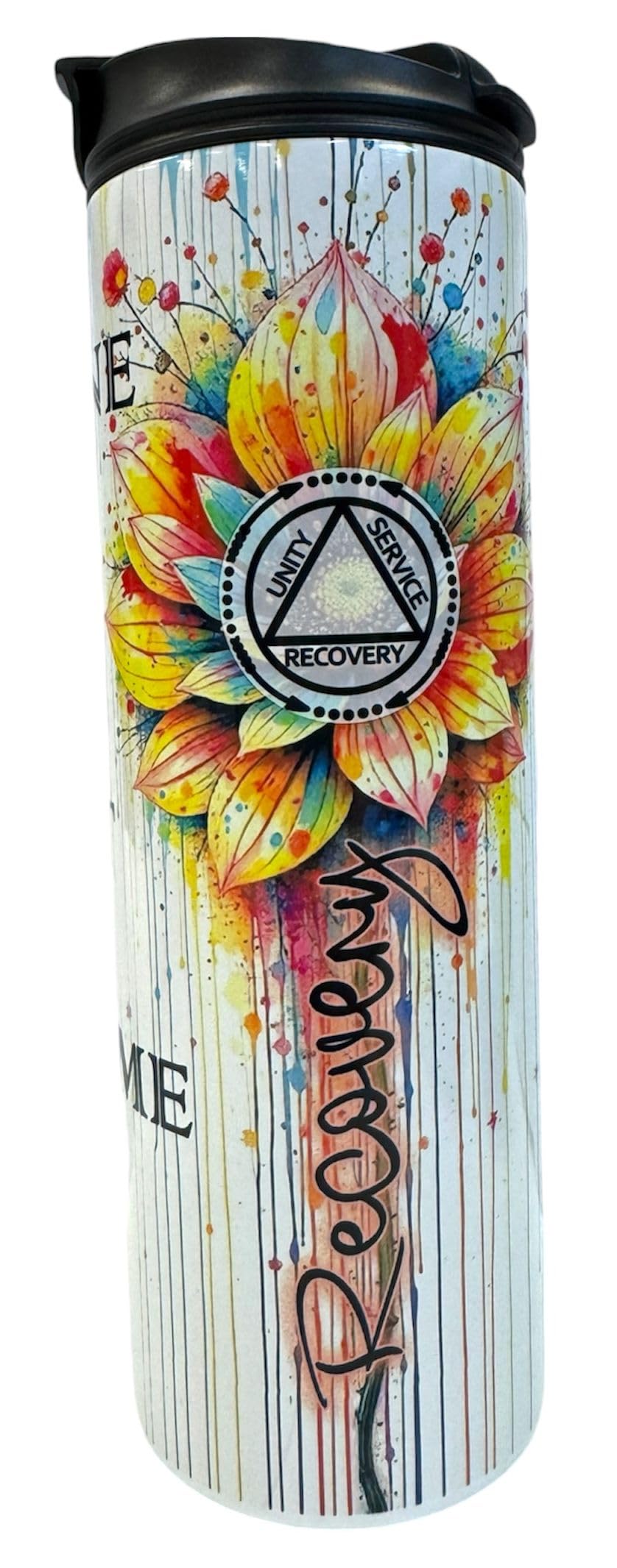 20oz Isothermic Tumbler with Double-Sip Lid – Colourful Flower, Religious AA Recovery & 'One Day at a Time' Design Handmade Sublimation/Gobelet Isothermique 20oz