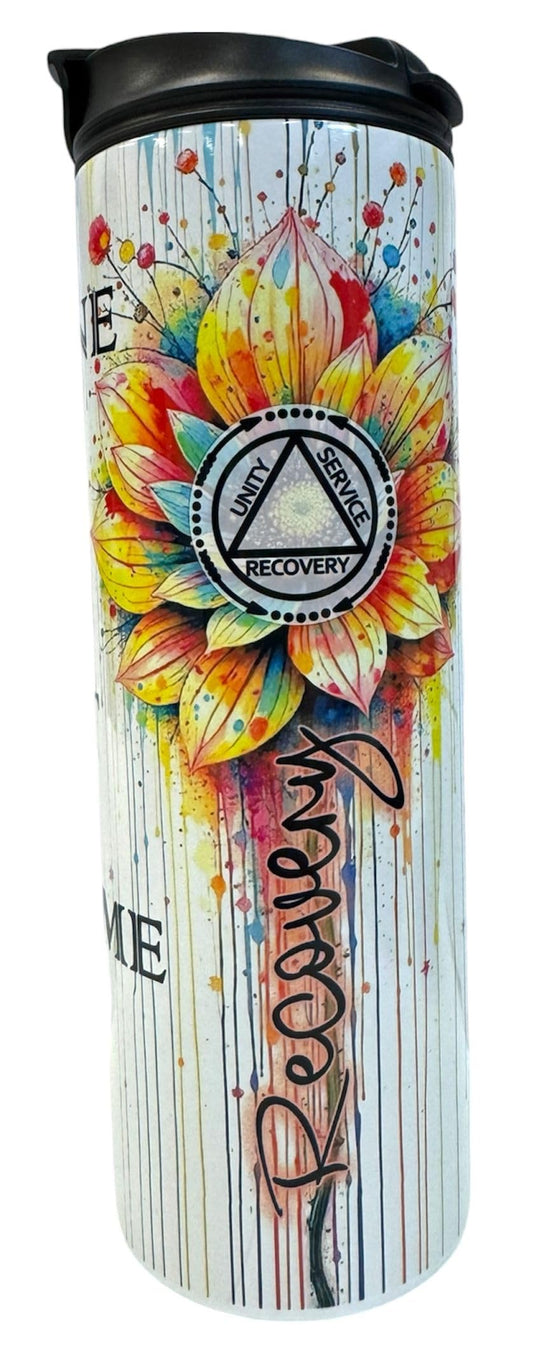 20oz Isothermic Tumbler with Double-Sip Lid – Colourful Flower, Religious AA Recovery & 'One Day at a Time' Design Handmade Sublimation/Gobelet Isothermique 20oz