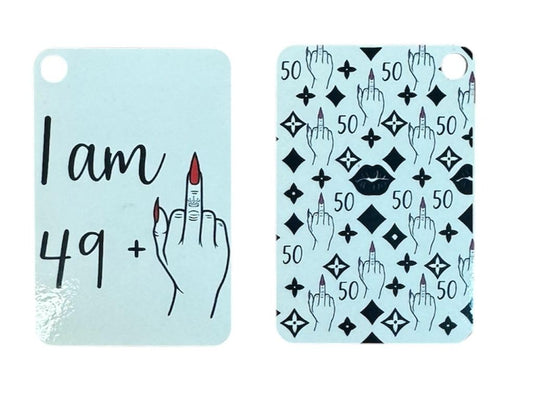 Handmade 15oz White Ceramic Mug – Funny “I AM 49 + Middle Finger = 50” with Red Nails – Includes Matching Coaster & Keychain – Gag Birthday Gift for Women