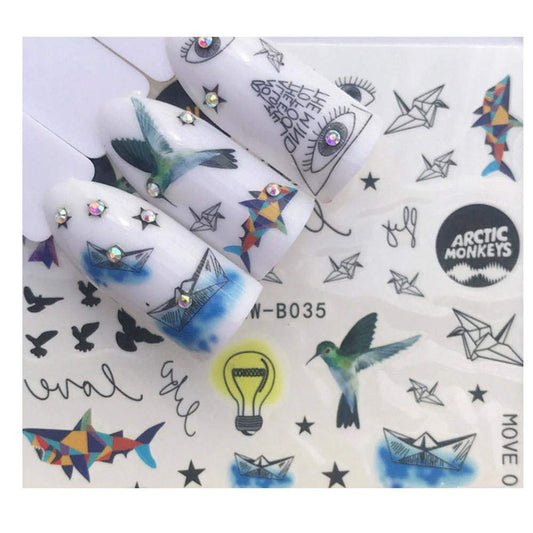 Black Origami Boat & Heart Nail Decals – 1 Sheet | Full Sheet Indie Nail Stickers – Birds, Hearts, Paper Boats | Autocollants pour ongles – Thème Bateau Origami Noir & Cœurs