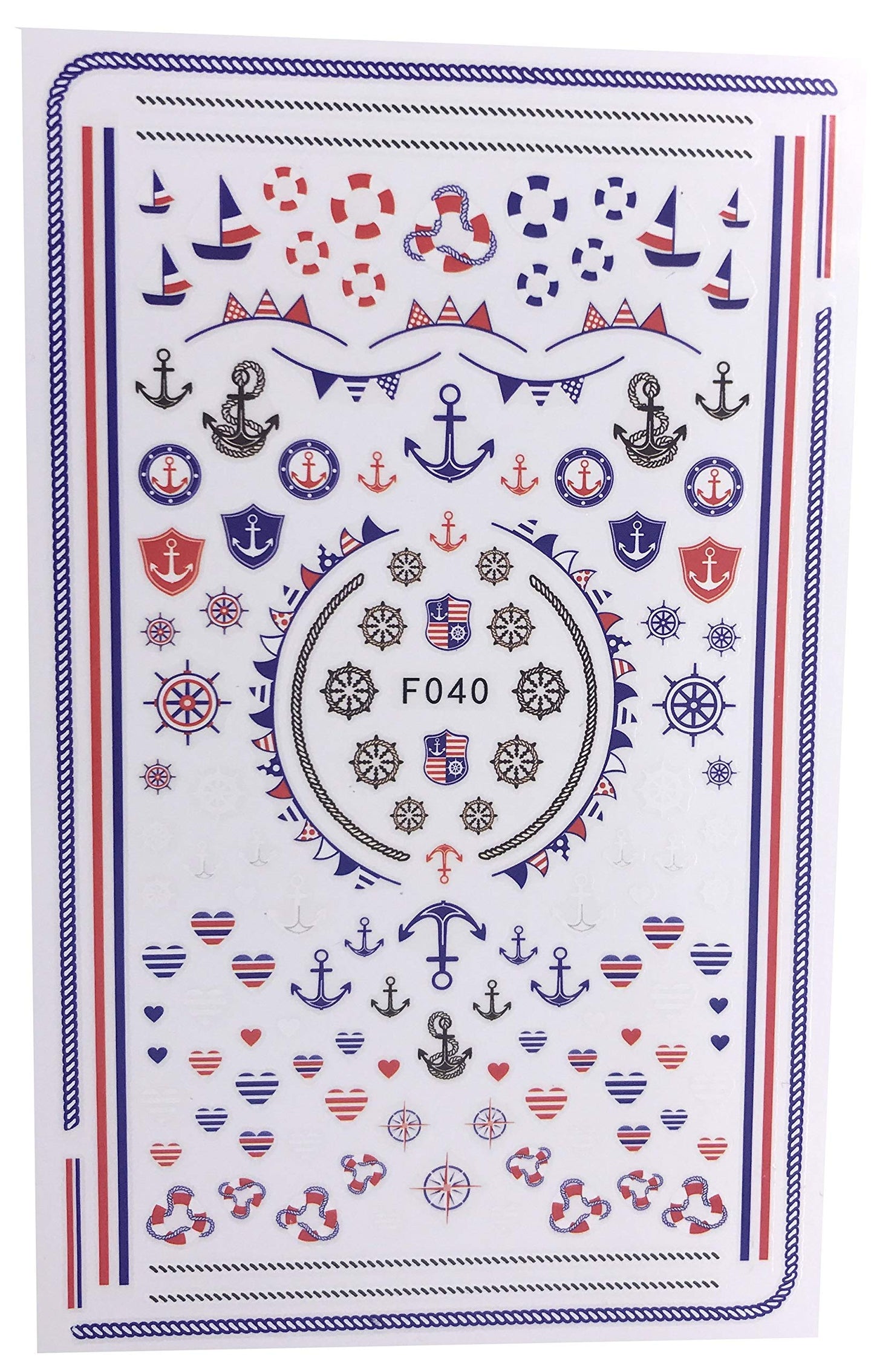 Boat Marine Inspired Nail Wraps with Anchor and hearts Decals Sticker - Red White Blue 4th of July