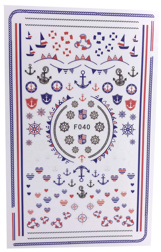 Boat Marine Inspired Nail Wraps with Anchor and hearts Decals Sticker - Red White Blue 4th of July