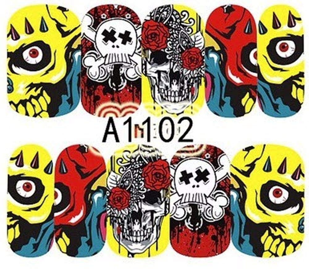 4 Full Sheet Skull of Assorted Water Nail Decal Punk Gothic Rockabilly Skull Nail Wrap Decals Sticker Salon Quality Nail Art - Great for Halloween!