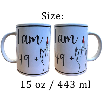 Handmade 15oz White Ceramic Mug – Funny “I AM 49 + Middle Finger = 50” with Red Nails – Includes Matching Coaster & Keychain – Gag Birthday Gift for Women
