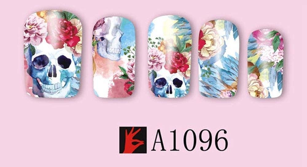 Sheet of Skull Stickers with Flowers Watercolor Phychedelic Effects Nail Decal Punk Gothic Rockabilly Skull Nail Wrap Decals Sticker Salon Quality Nail Art - Great for Halloween!