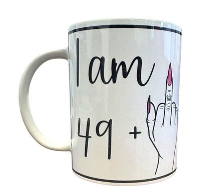 Handmade 15oz White Ceramic Mug – Funny “I AM 49 + Middle Finger = 50” with Pink Nails – Includes Matching Coaster & Keychain – Gag Birthday Gift for Women