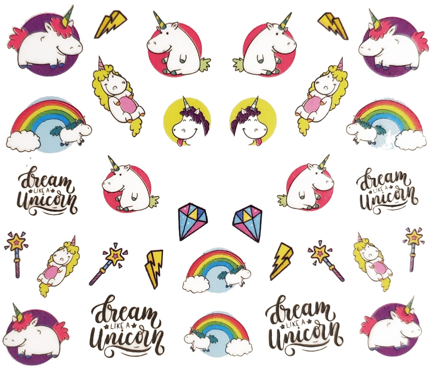Lot of 3 sheet Unicorn Inspired Water Decals for Fingernail art nail Art Rainbow Ice Cream Hearts Cupcakes
