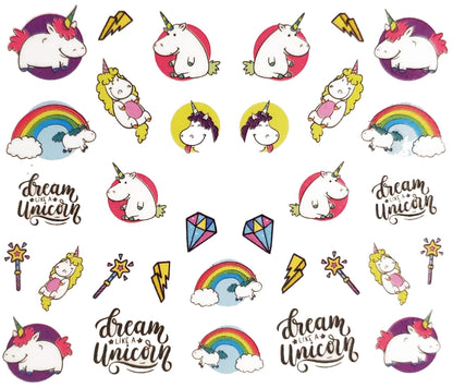 Lot of 3 sheet Unicorn Inspired Water Decals for Fingernail art nail Art Rainbow Ice Cream Hearts Cupcakes