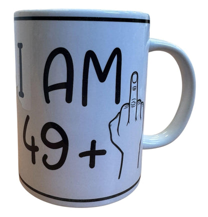 Handmade 15oz White Ceramic Mug – Funny “I AM 49 + Middle Finger = 50” Design – Includes Matching Coaster & Keychain – Gag Birthday Gift – Cadeau Anniversaire Humour