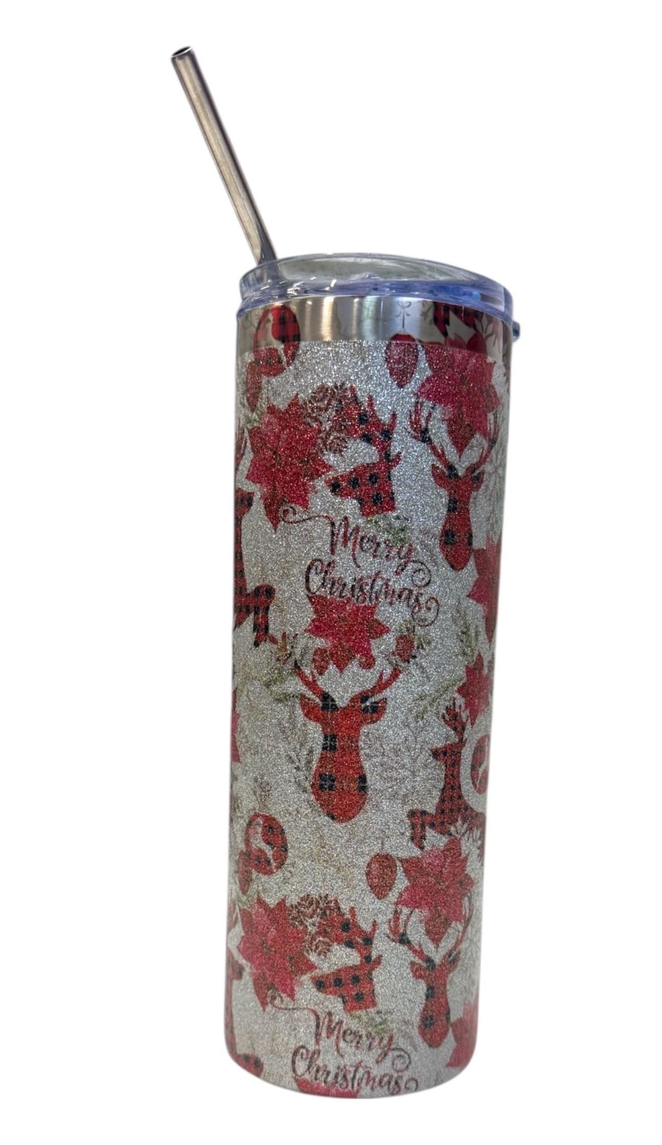 Sparkling Reindeer Christmas Tumbler 20 oz with Metal Straw – Silver Glitter Holiday Travel Cup – Handmade Gift/Gobelet de Noël Brillant 20 oz avec Paille Métallique