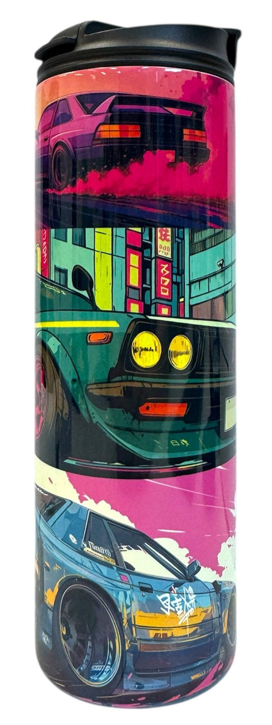 20oz Isothermic Car Enthusiast Tumbler with Double-Sip Lid – JDM Street Racing Art, Neon Drift Cars, Highway Road Design Handmade Sublimation/Gobelet Isothermique 20oz Voiture Drift Artisanal