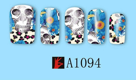 Sheet of Skull Stickers with Flowers and Leopard Cheetah Print Nail Decal Punk Gothic Rockabilly Skull Nail Wrap Decals Sticker Salon Quality Nail Art - Great for Halloween!