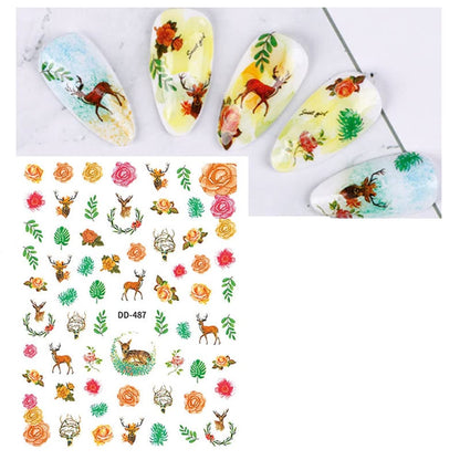 Deer and Nature Inspired Different Assortment of Roses Leaves and Flowers Along with Bambi Deers and Antlers Buck