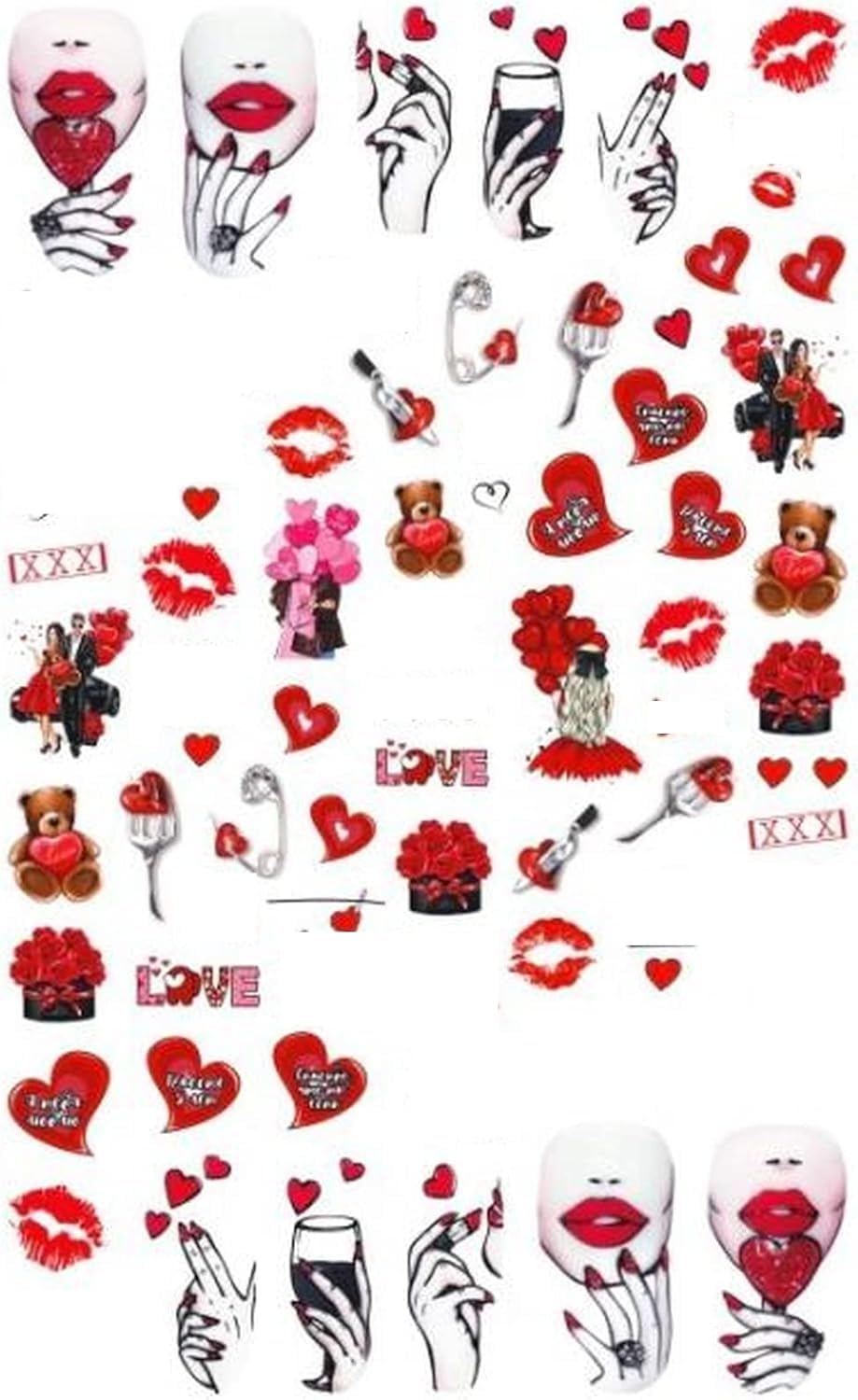 Red Roses Teddy Bear, Lady Lips Love Kiss Nail Decal Punk Golack Pinkthic Rockabilly Nail Stickers Decals Sticker Salon Quality Nail Art - Great for Halloween!