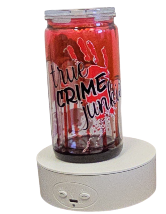 True Crime Junkie 16oz Blood Drip Halloween Snowglobe Tumbler with Straw / Gobelet d’Halloween True Crime Junkie 16oz Effet Sanglant avec paille